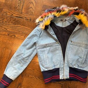 Stylish Denim Jacket with Colorful Fur Trim